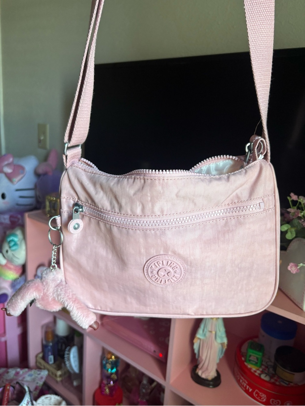 Pink Kipling Crossbody Shoulder Bag with Plush Key Charm